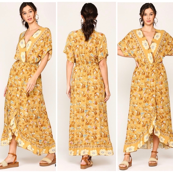 Boho Chic Mustard Kimono Top Ruffle Maxi Dress - Picture 3 of 7